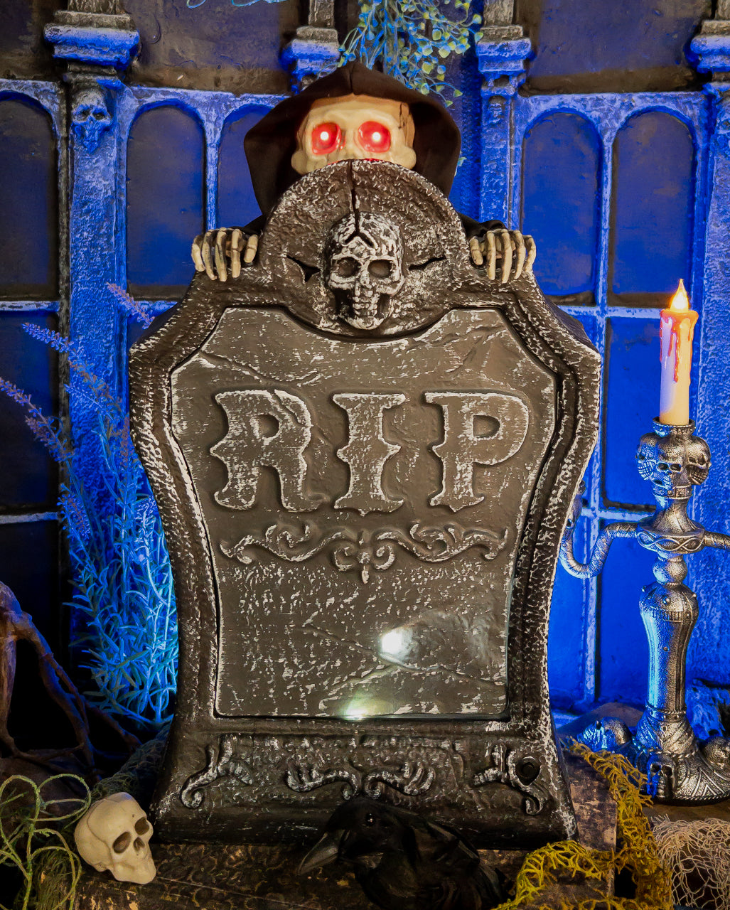 Grabstein mit Verstecktem Sensenmann Animatronic 39cm