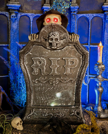 Grabstein mit Verstecktem Sensenmann Animatronic 39cm