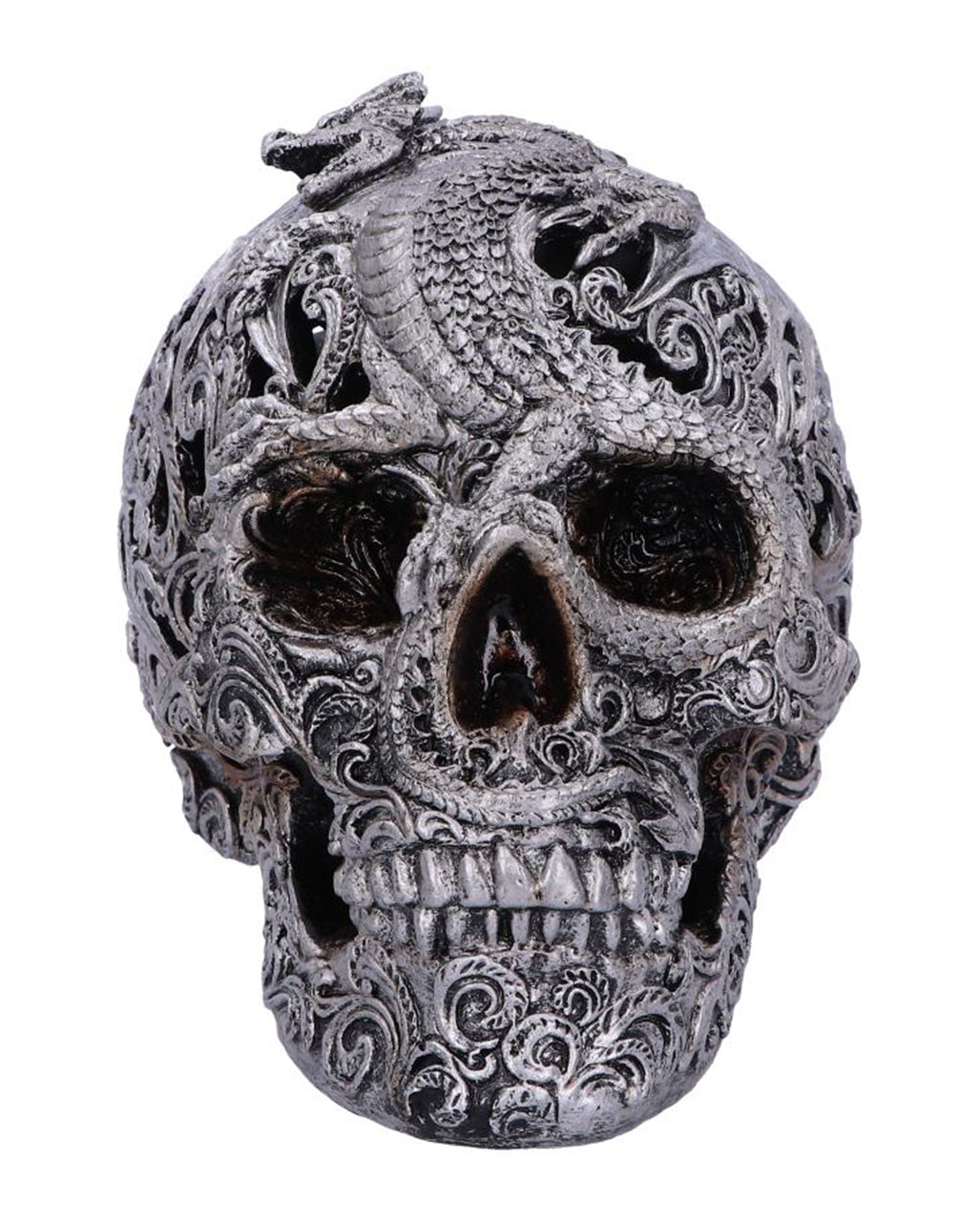 Gravierter Drakos Totenschädel mit Drachenmotiv 19,5cm