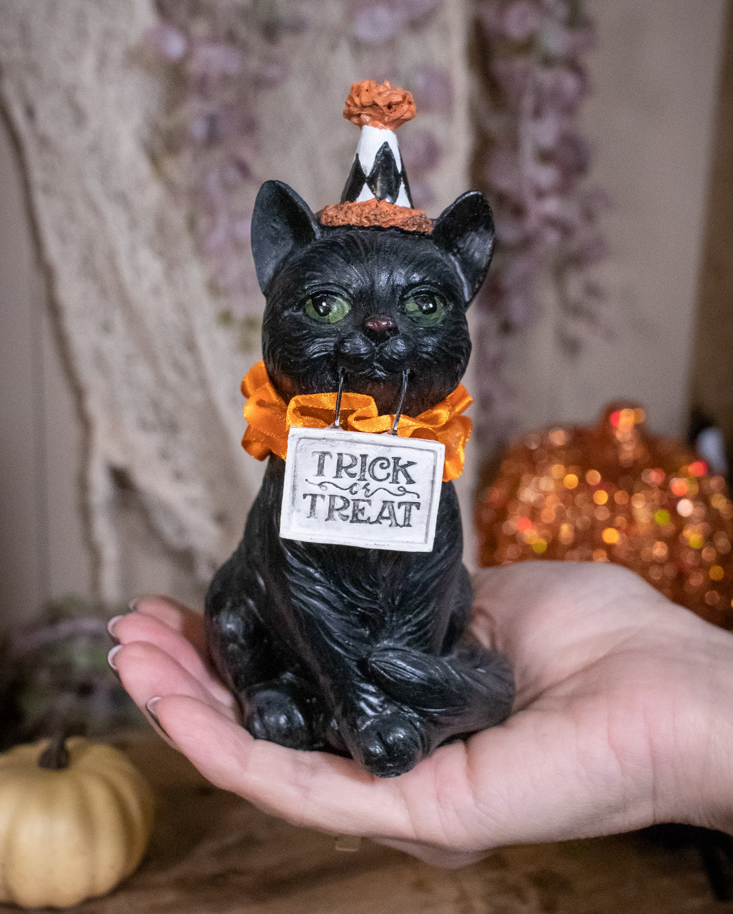 Halloween Clown Katze mit Süßes oder Saures Schild 15cm