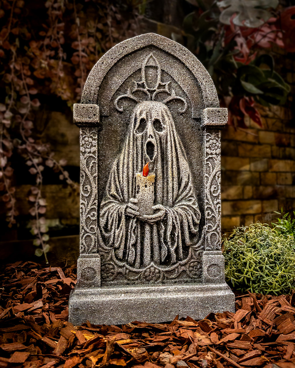 Deko Grabstein mit Geist & Kerze 53cm