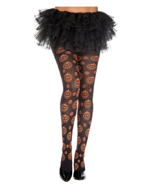 Schwarze Halloween Strumpfhose mit Kürbis Motiv