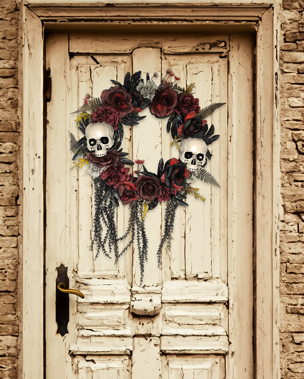 Halloween Door Wreath With Faded Roses & Skulls