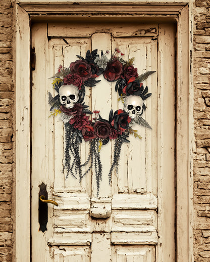 Halloween Door Wreath With Faded Roses & Skulls