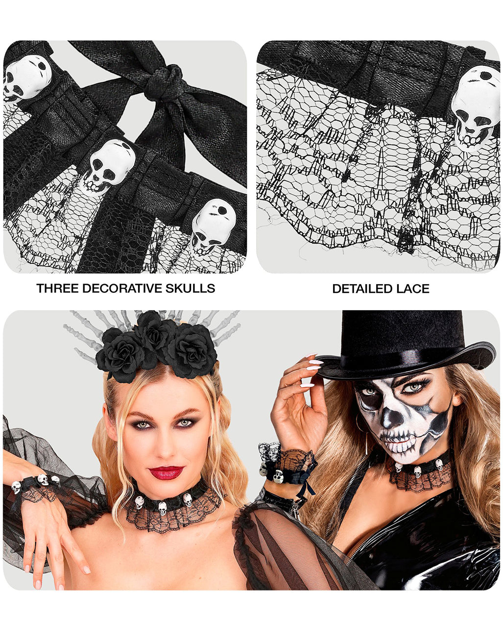 Halsband & Armband mit Totenschädeln und Spitze