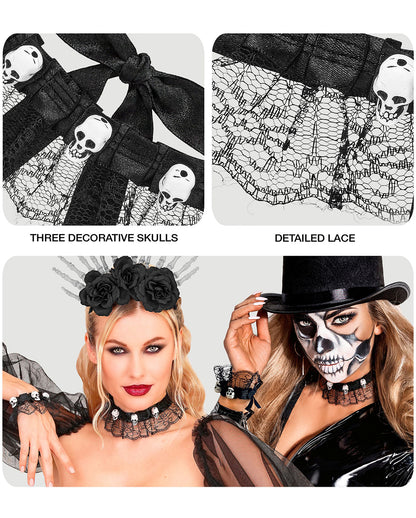 Halsband & Armband mit Totenschädeln und Spitze