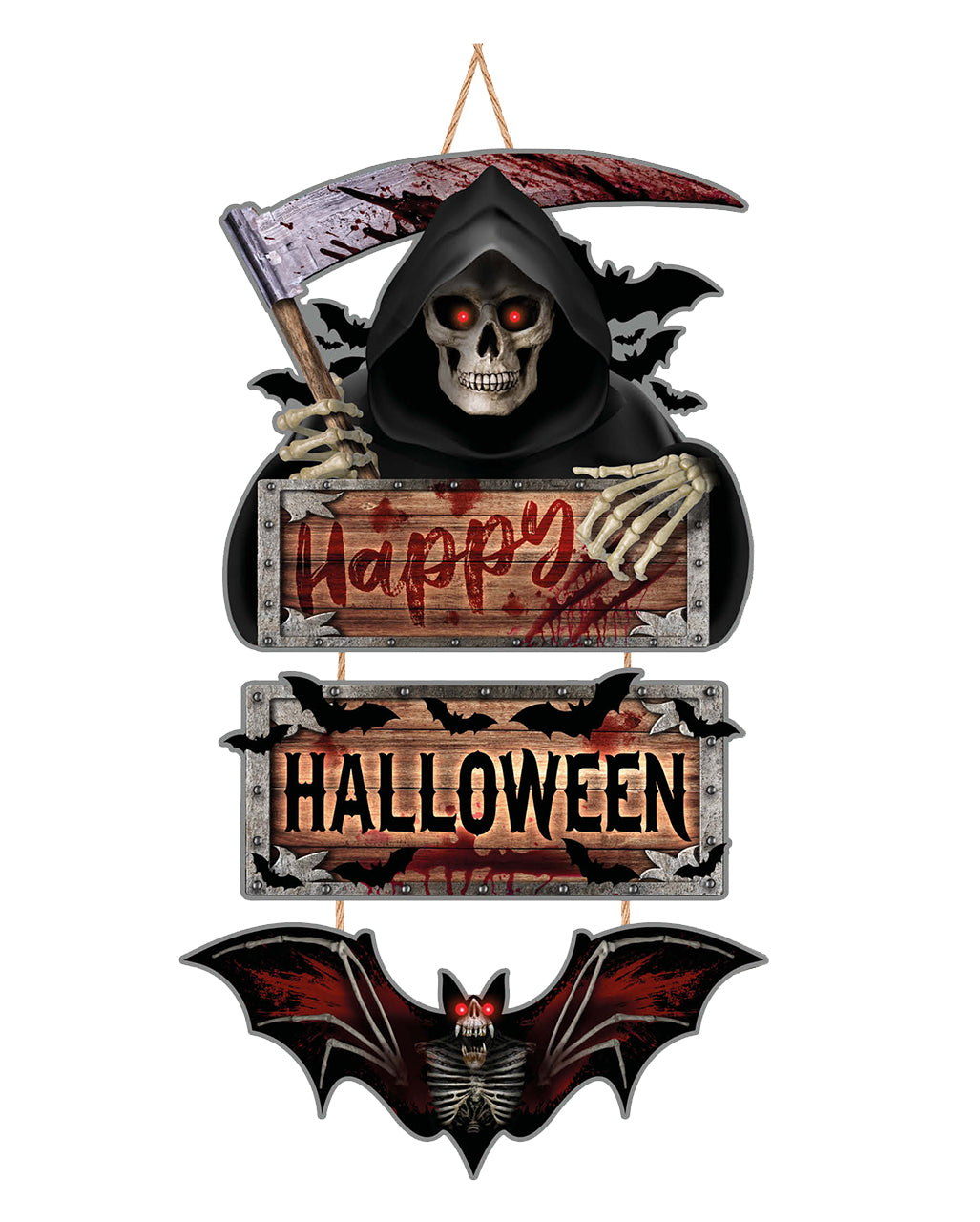 Happy Halloween Reaper & Bat Wooden Sign 60cm