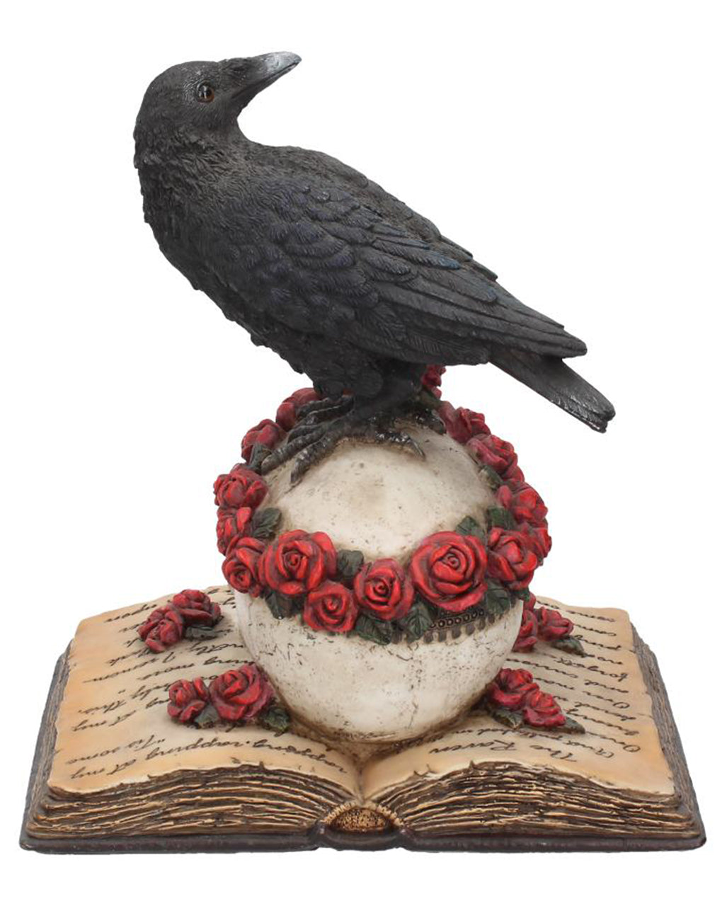 Rabe auf Rosen mit Totenschädel Figur 17cm