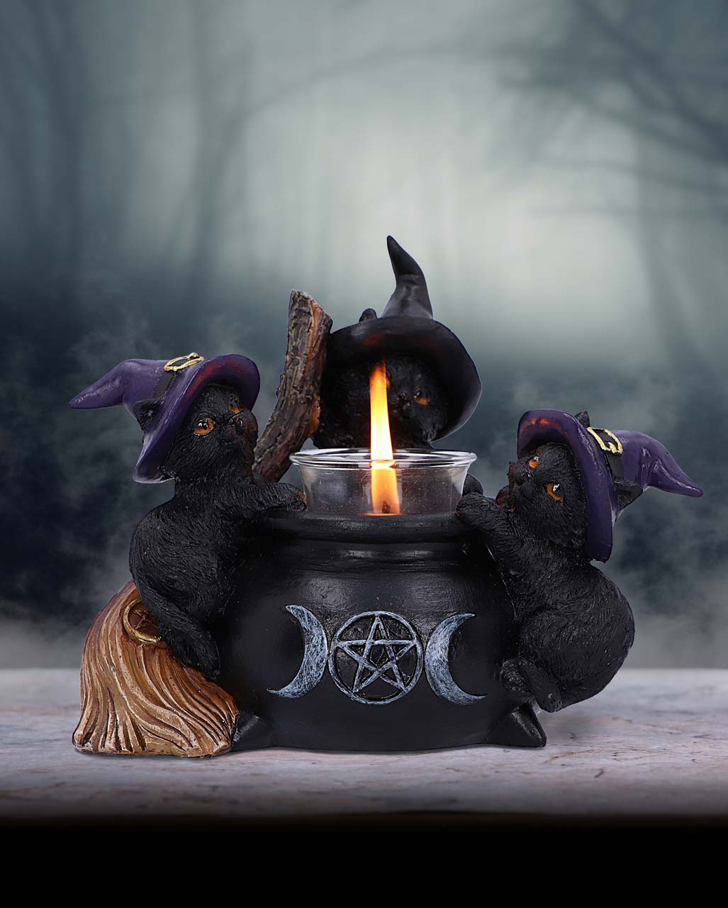 Witch Cats With Witch Cauldron Tea Light Holder 12,5cm