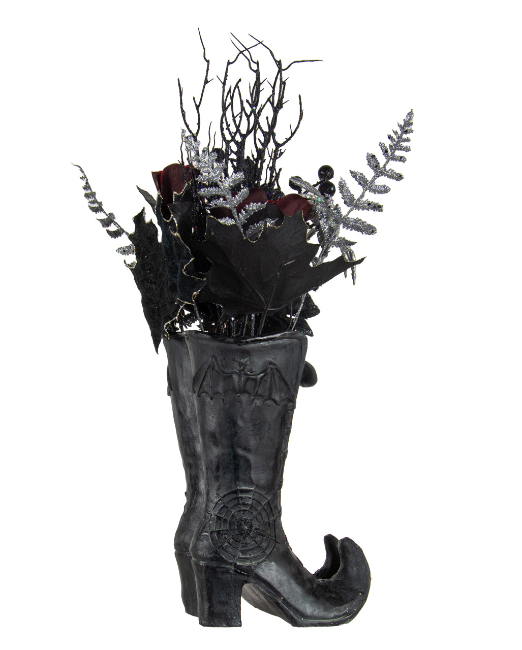 Hexenstiefel mit Gothic Glitzer Strauß Arrangement 55cm
