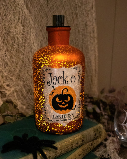 Jack O'Lanterns Quecksilberglas Dekoflasche mit LED 18 cm