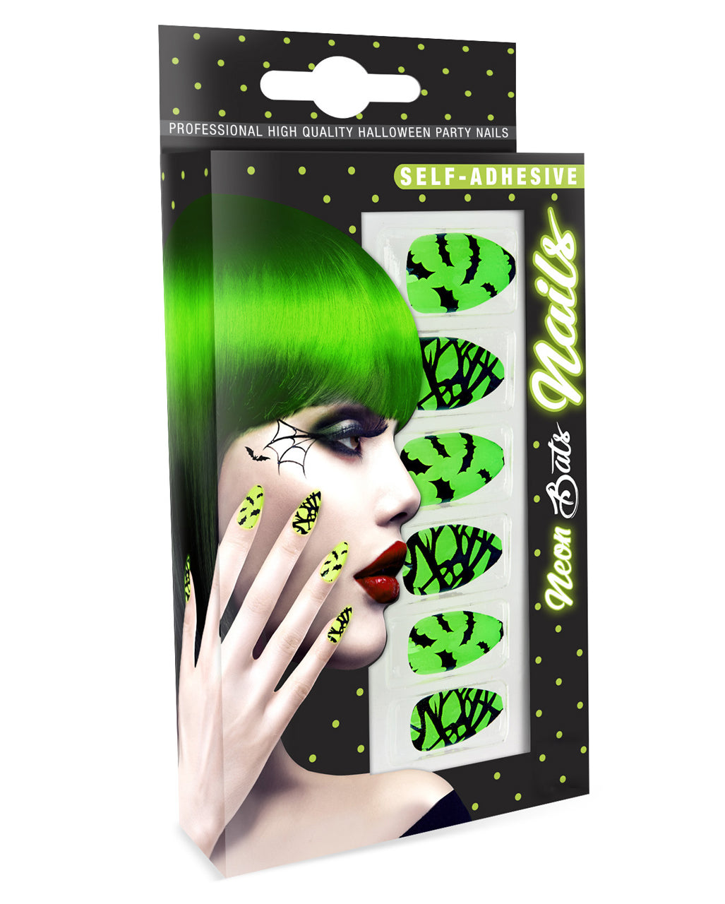 Grüne Neon Fingernägel mit Fledermaus Motiv 12 St.