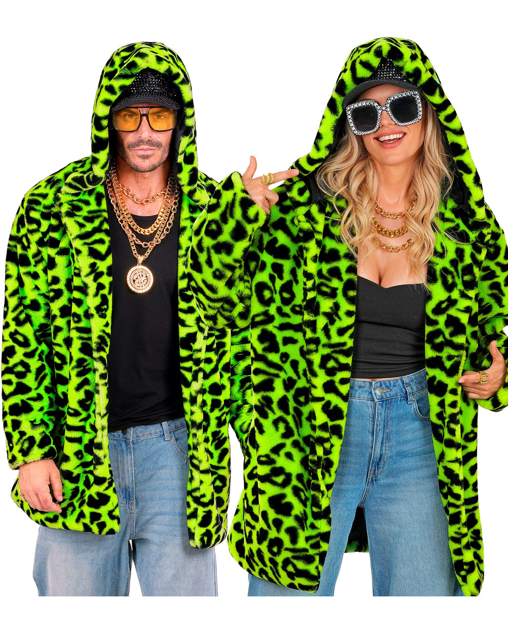Neon Grüne Lepoarden Plüschjacke mit Kapuze
