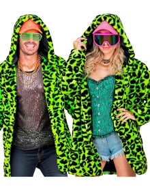 Neon Grüne Lepoarden Plüschjacke mit Kapuze
