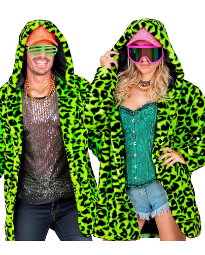 Neon Grüne Lepoarden Plüschjacke mit Kapuze