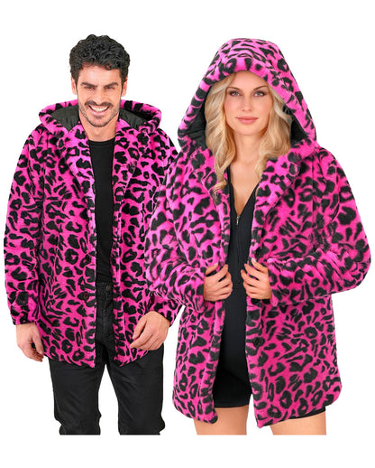 Neon Pinke Lepoarden Plüschjacke mit Kapuze