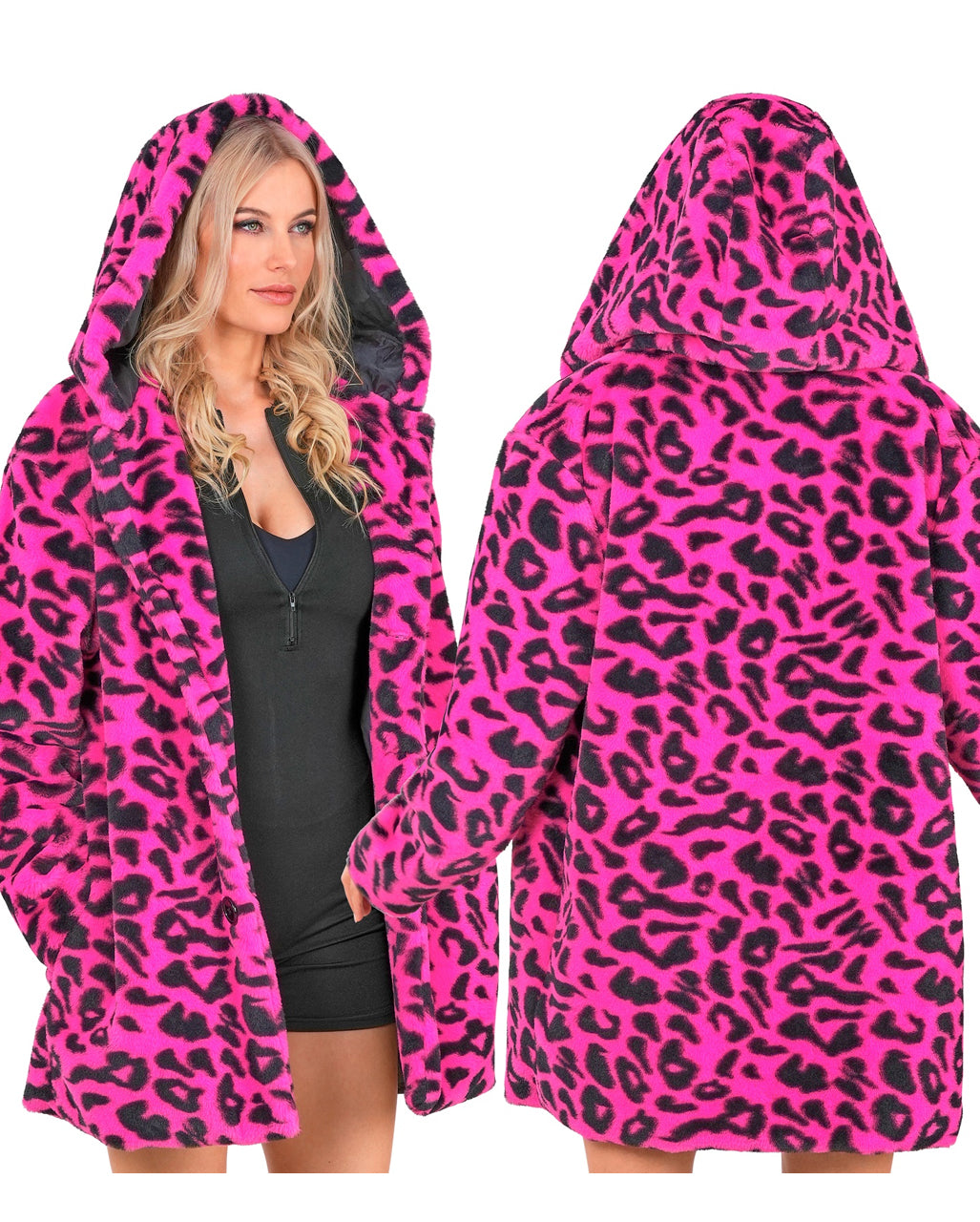 Neon Pinke Lepoarden Plüschjacke mit Kapuze