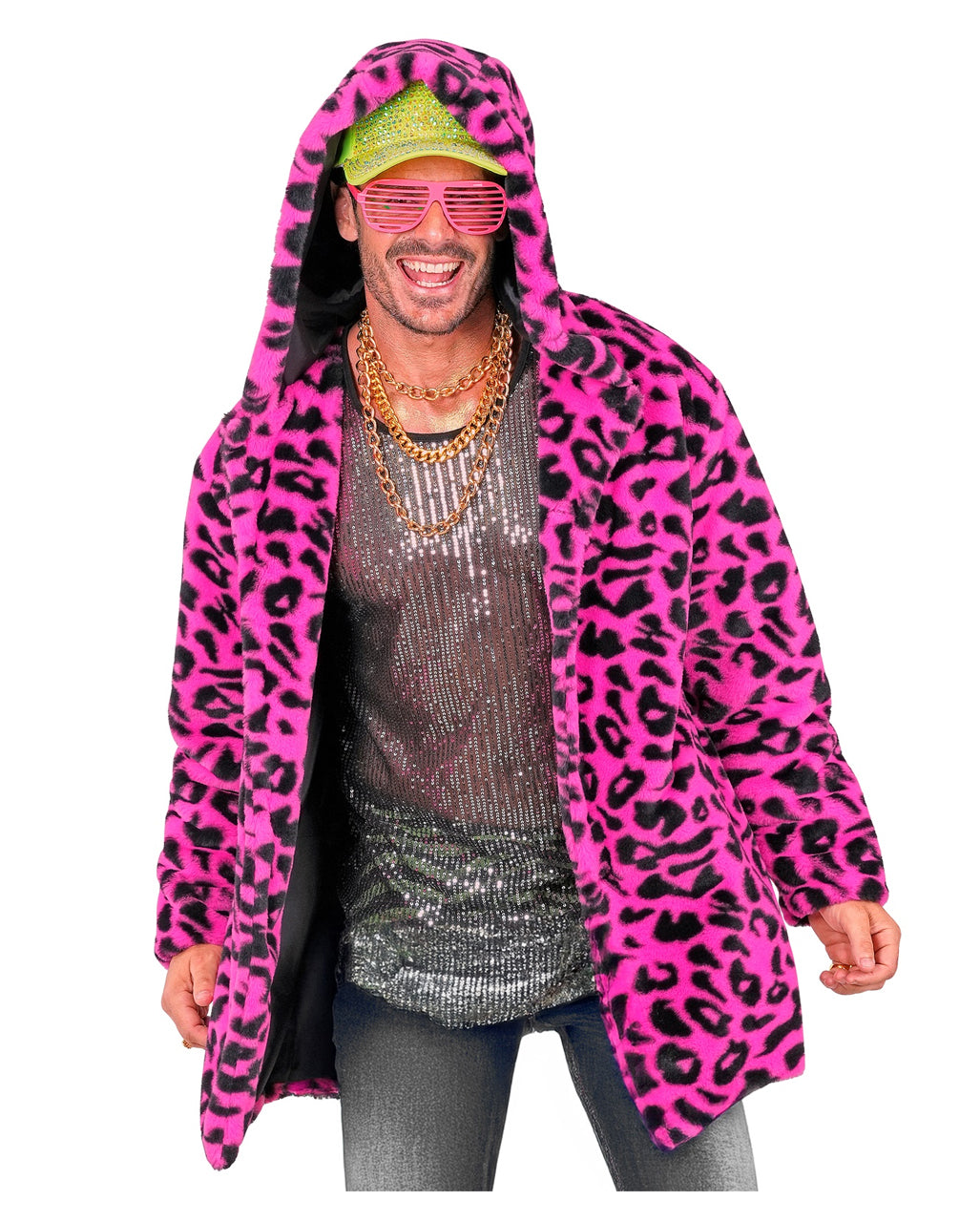Neon Pinke Lepoarden Plüschjacke mit Kapuze