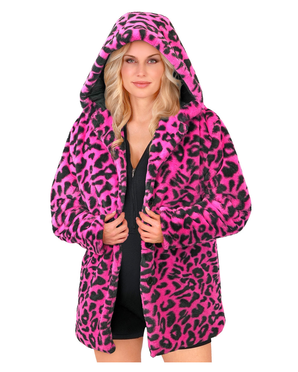 Neon Pinke Lepoarden Plüschjacke mit Kapuze