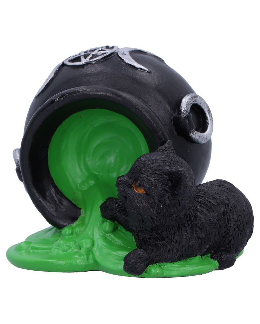 Schwarze Katze mit umgefallenem Hexenkessel 8,7cm