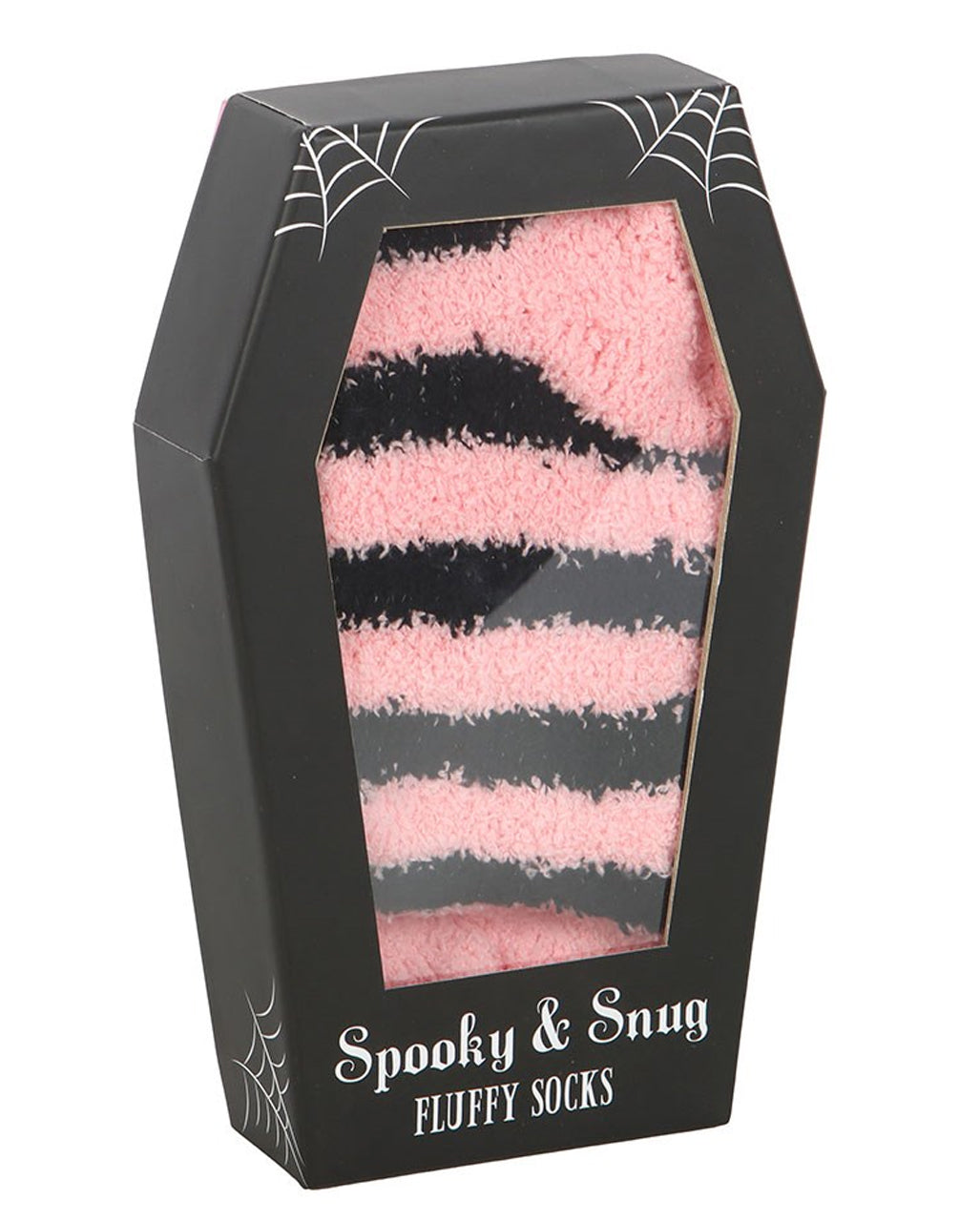 Pink & Schwarz gestreifte Fluffy Socken in Sargbox