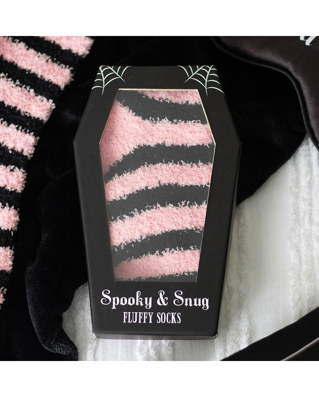 Pink & Schwarz gestreifte Fluffy Socken in Sargbox