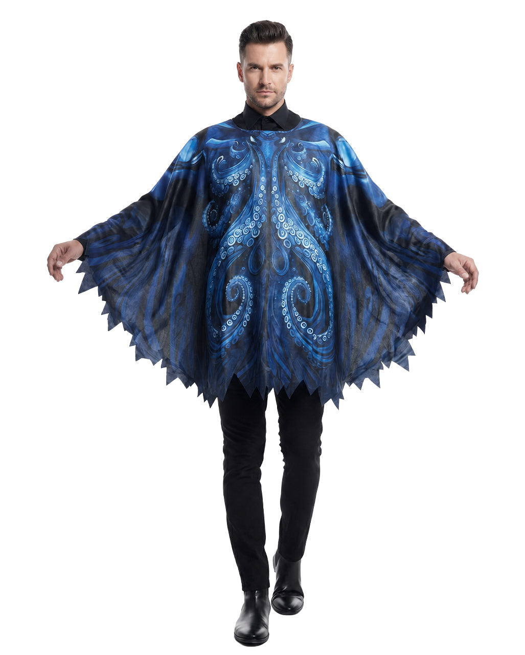 Schwarzer Oktopus Poncho mit blauem Tintenfisch