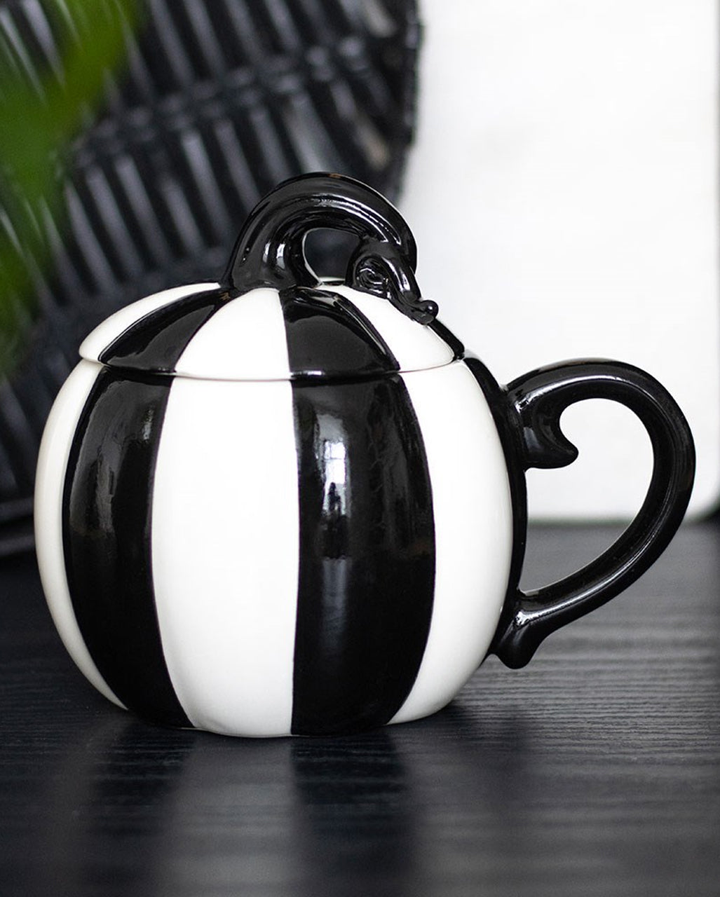 Black And White Striped Pumpkin Mug With Lid