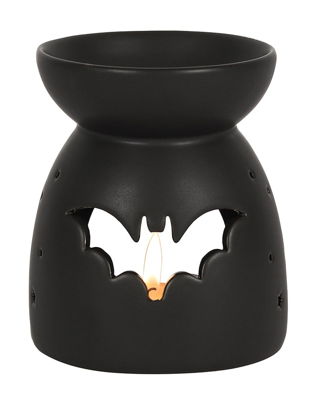 Schwarzer Duftöl Teelichthalter mit Fledermaus Motiv