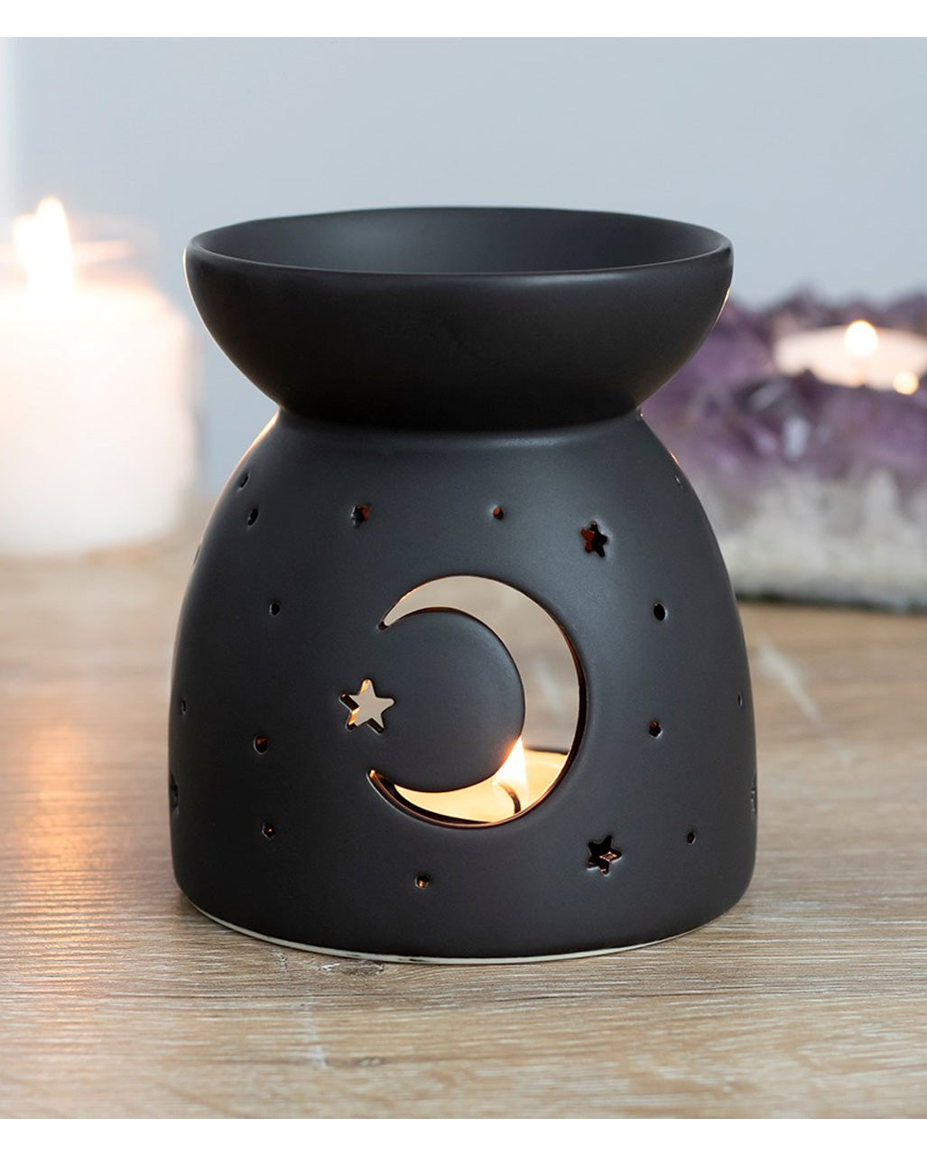 Schwarzer Duftöl Teelichthalter mit Mond & Sterne