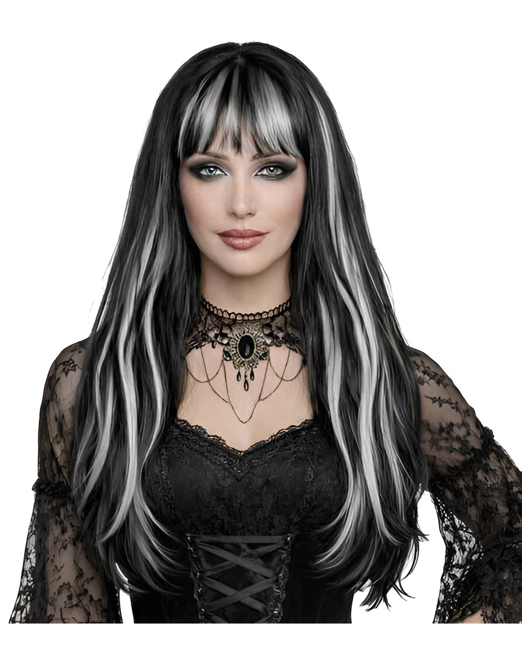 Schwarze Gothic Langhaar Perücke mit Silbergrauen Strähnen