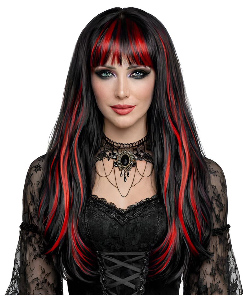 Black Gothic Long-Haired Wig with Fire-Red Strands