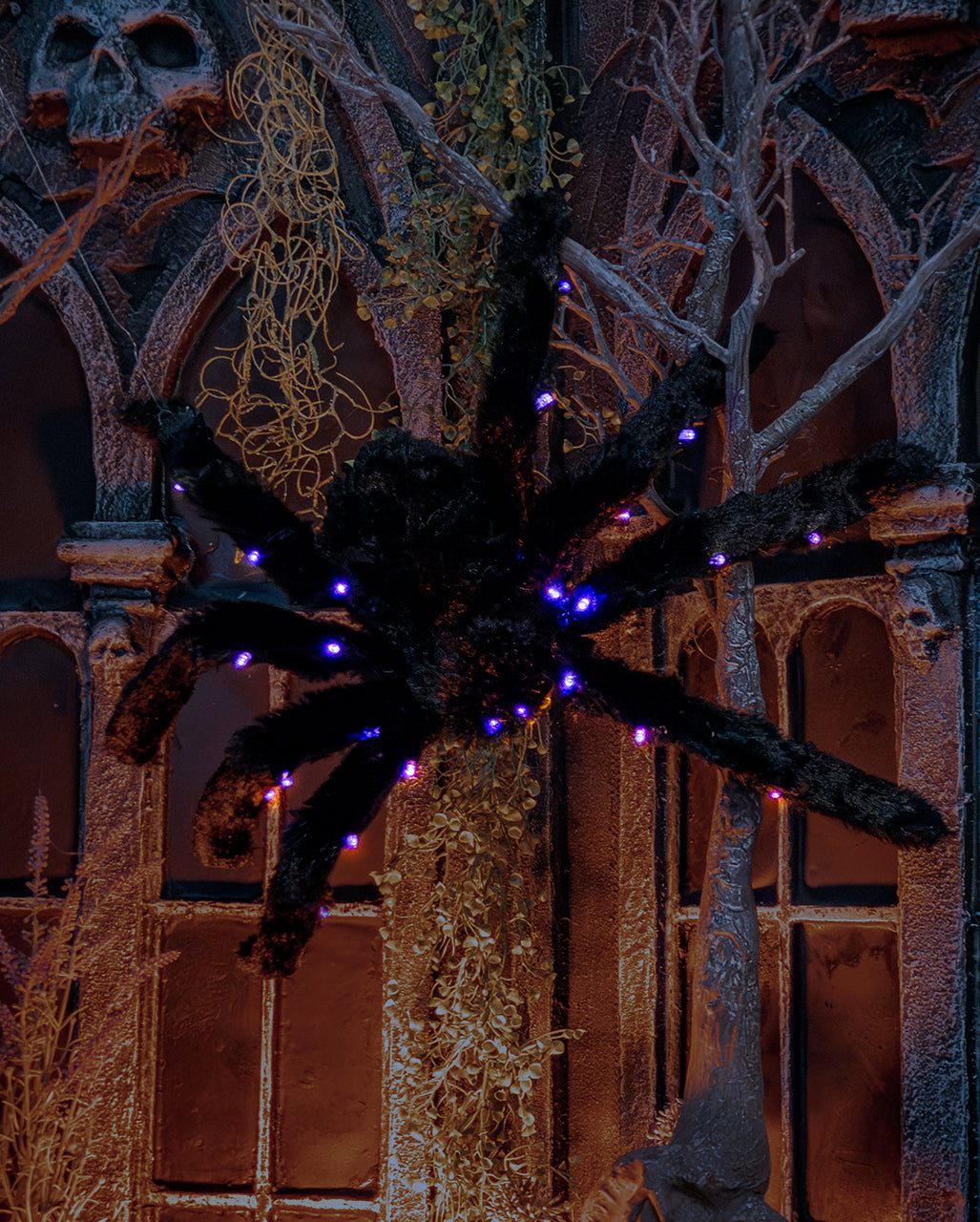 Schwarze Spinne mit Haaren & LED Beleuchtung 65cm