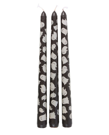 Schwarze Spitzkerzen mit Gespenster Motiv 3er-Set
