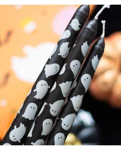 Schwarze Spitzkerzen mit Gespenster Motiv 3er-Set