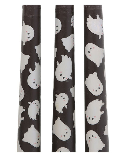 Schwarze Spitzkerzen mit Gespenster Motiv 3er-Set