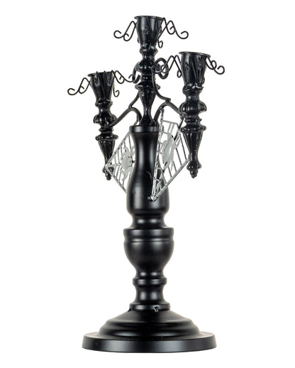Schwarzer 2-armiger Halloween Metall-Kerzenständer mit Spinnen 32cm