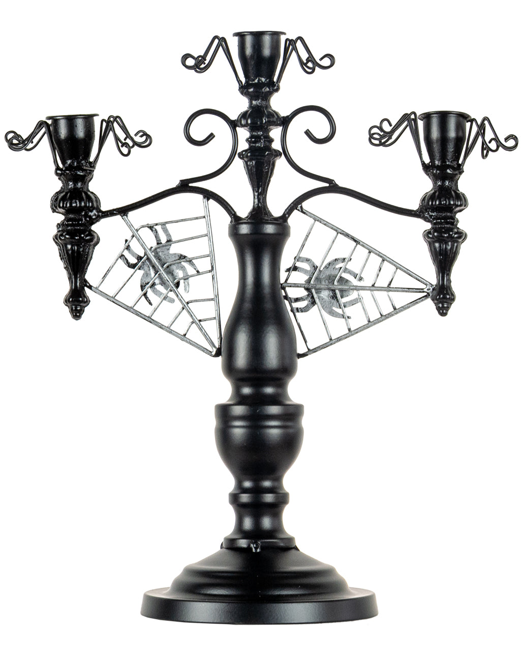 Schwarzer 2-armiger Halloween Metall-Kerzenständer mit Spinnen 32cm