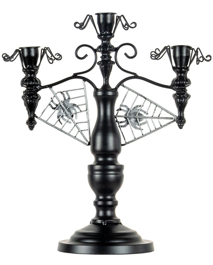 Schwarzer 2-armiger Halloween Metall-Kerzenständer mit Spinnen 32cm