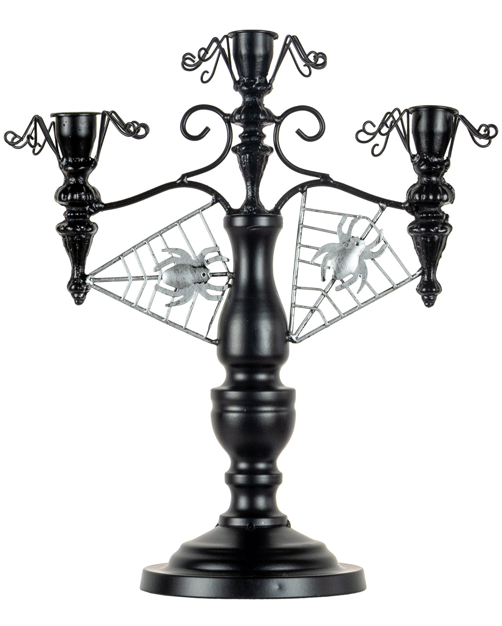 Schwarzer 2-armiger Halloween Metall-Kerzenständer mit Spinnen 32cm