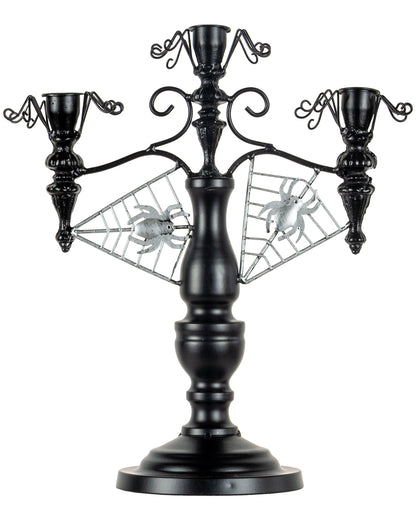 Schwarzer 2-armiger Halloween Metall-Kerzenständer mit Spinnen 32cm
