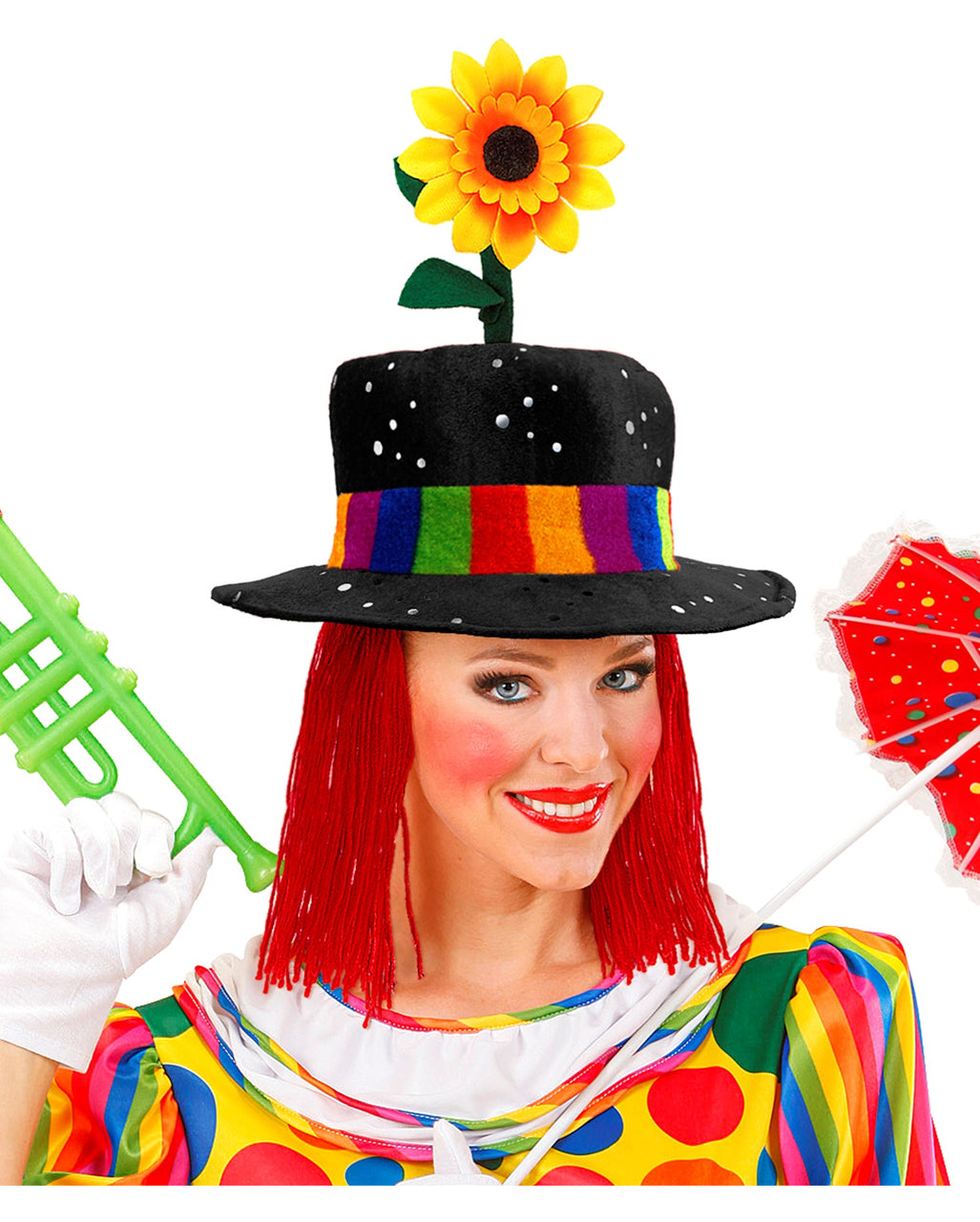 Schwarzer Clownhut mit Haaren & Sonnenblume