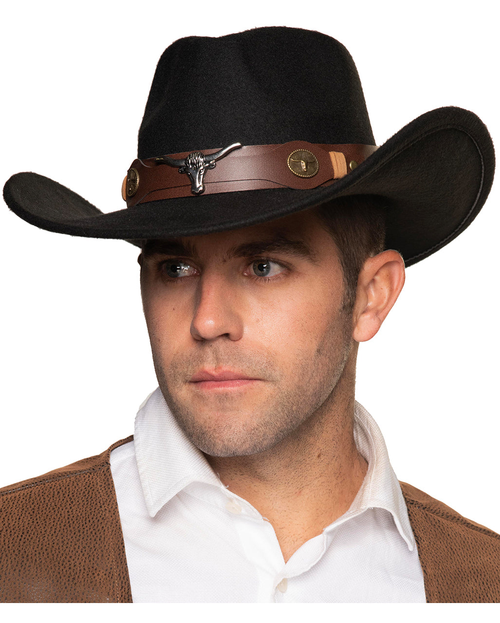 Cowboyhut Schwarz mit Hutband & Stierkopf
