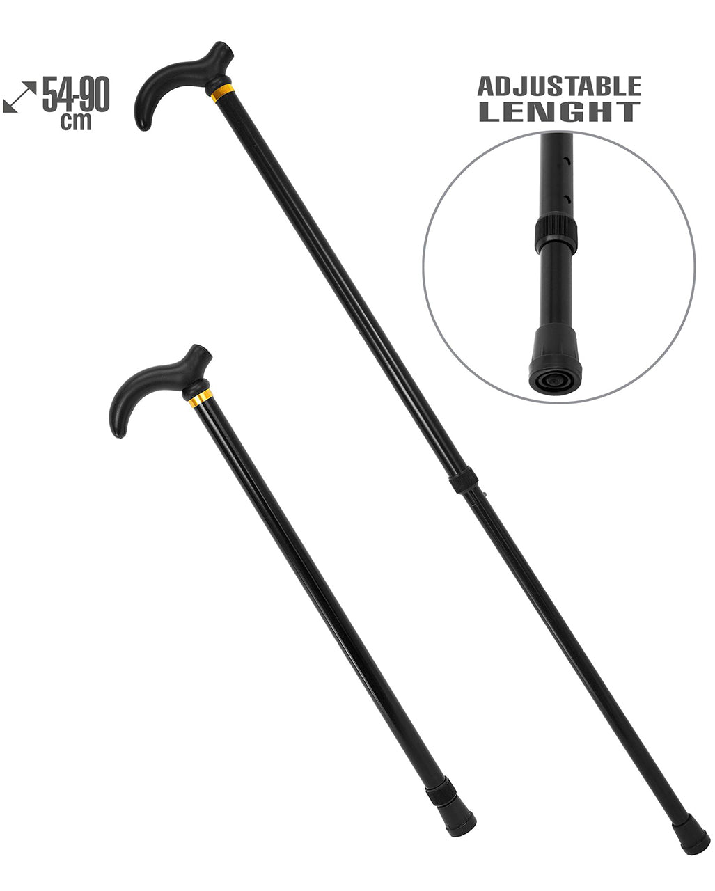Black adjustable Walking Stick, 54–90 cm