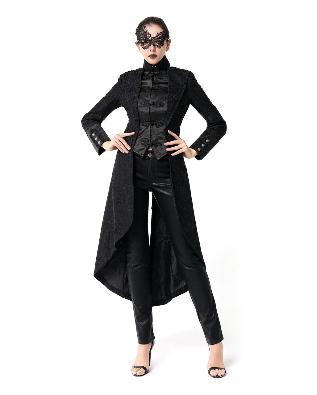 Schwarzer Langer Gothic Damenmantel mit Spitze
