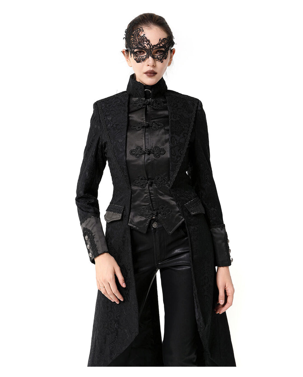 Schwarzer Langer Gothic Damenmantel mit Spitze