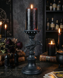 Schwarzer Gothic Kerzenständer mit Rabe 28cm