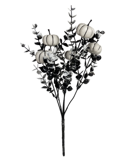 Black Halloween Branch With White Pumpkins 30cm