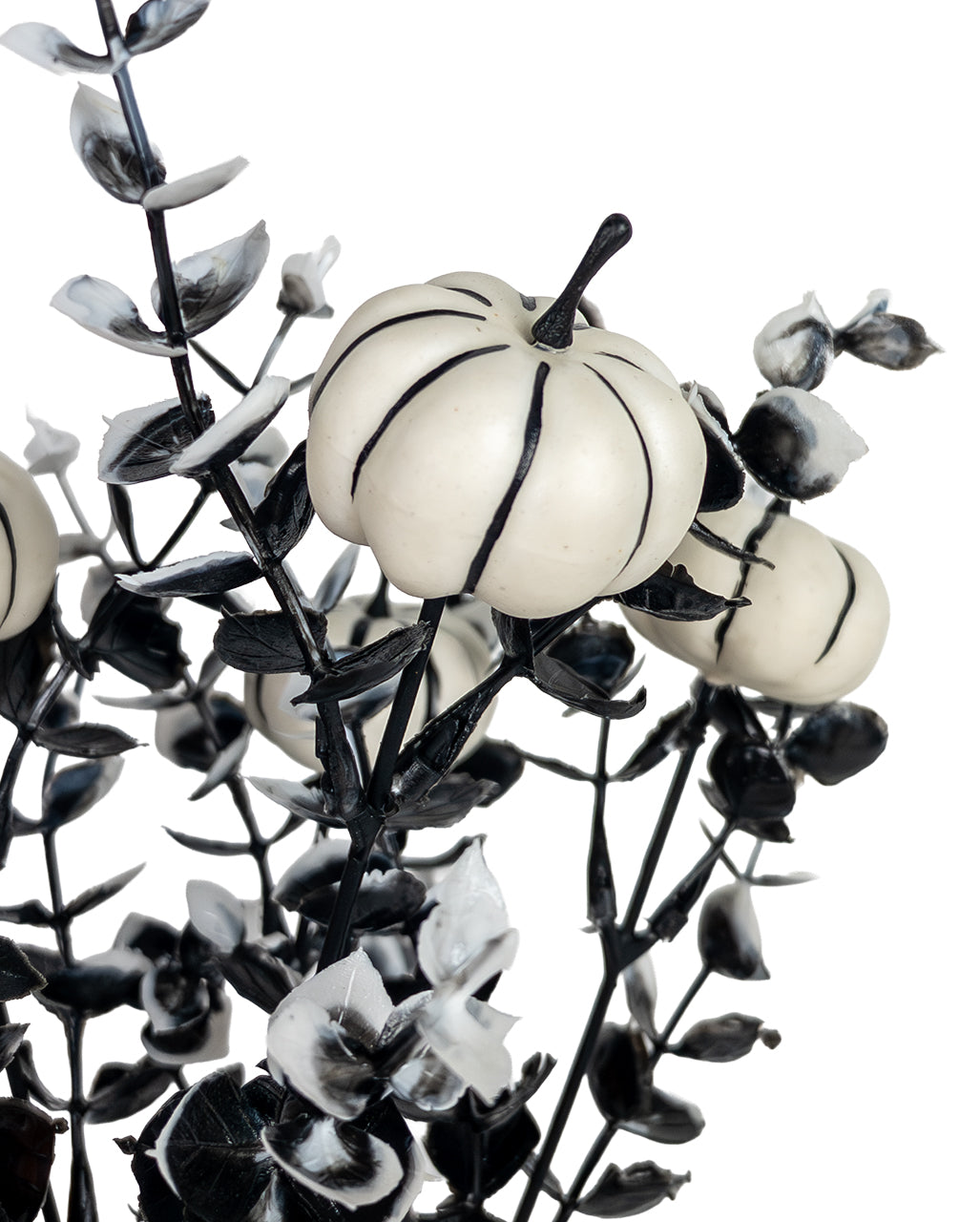 Black Halloween Branch With White Pumpkins 30cm