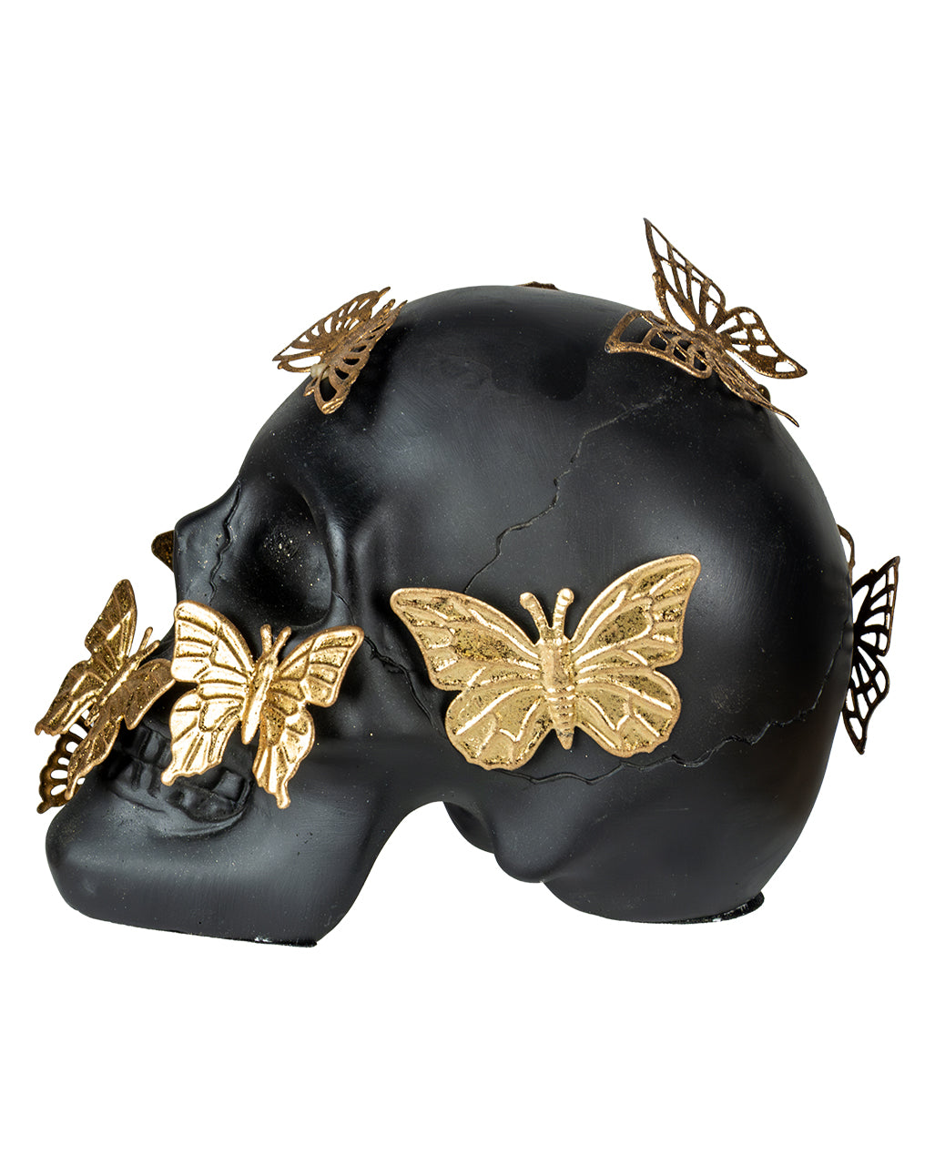 Schwarzer Totenschädel mit goldenen Schmetterlingen 15,5cm